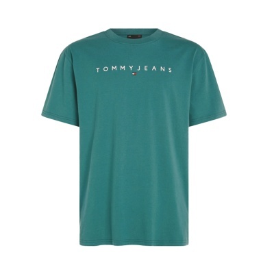 T-shirt verde-azulado com texto Tommy Jeans em branco no peito.