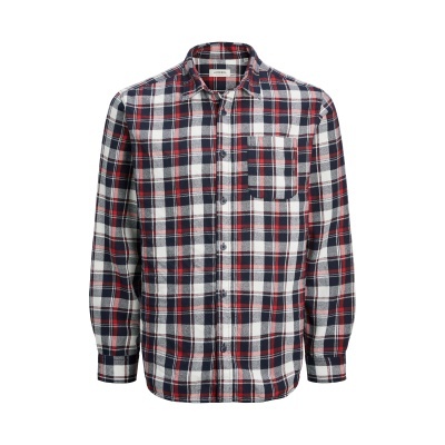 Camisa de manga comprida xadrez vermelha, branca e azul escuro com bolso no peito e botões à frente