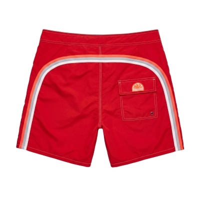 Calções de banho vermelhos com riscas laterais e bolso traseiro