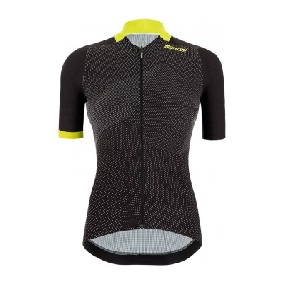 Camisa de ciclismo preta com pontos brancos e detalhes amarelos