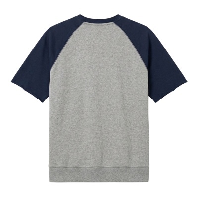 Camisola cinzenta e azul com mangas curtas vista de costas