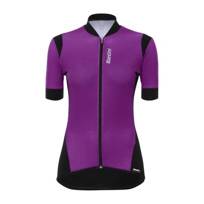 Camisola de ciclismo roxa e preta de manga curta com fecho e logótipo Santini.