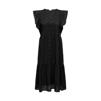Vestido preto feminino com padrão floral recortado e mangas curtas com folhos