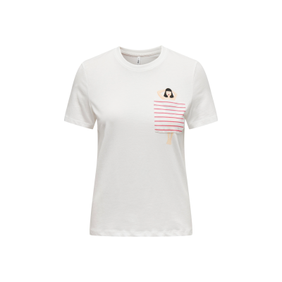 T-shirt branca com estampa de mulher e toalha às riscas vermelhas e brancas