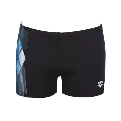 Calções de banho masculinos pretos com padrão azul e branco e logo arena