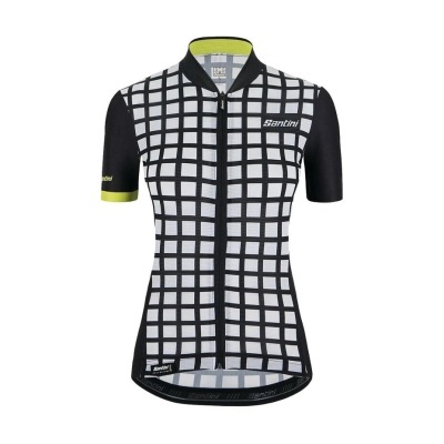 Camisola de ciclismo feminina preta e branca com padrão quadrado e detalhes amarelos.