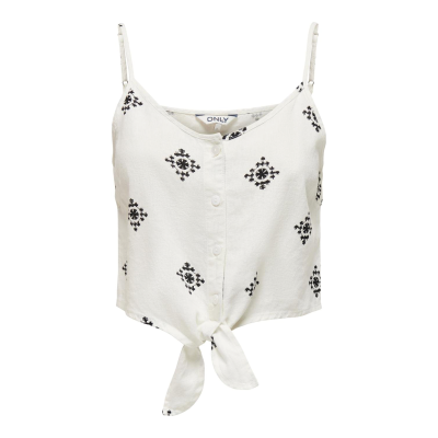 Top feminino branco com padrão geométrico preto, botões frontais e nó à frente