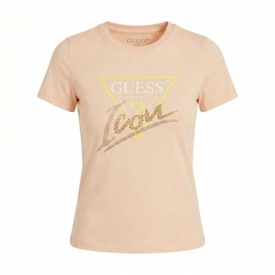 T-shirt feminina cor salmão com estampado frontal amarelo, branco e dourado