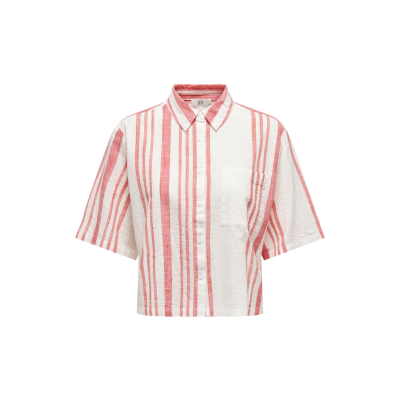 Camisa curta de riscas vermelhas e brancas com bolso e botões