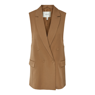 Colete feminino castanho com botões e gola de lapela da marca YAS