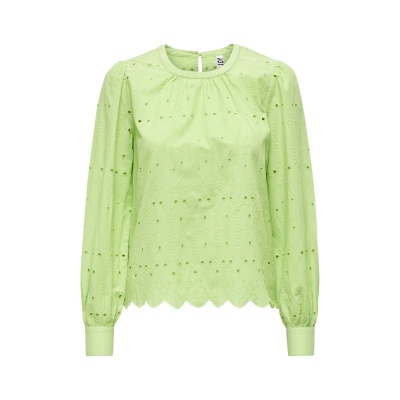 Camisa feminina verde clara bordada com mangas compridas e bainha ondulada