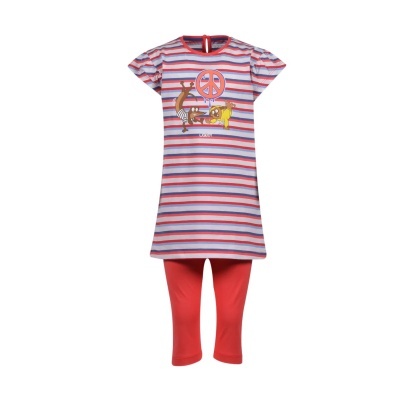Conjunto infantil vestido às riscas com leggings vermelhas