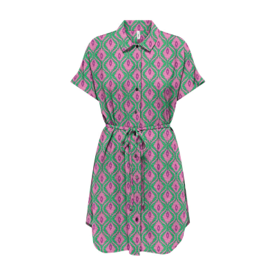 Vestido curto com padrão geométrico em verde, cor-de-rosa e lilás