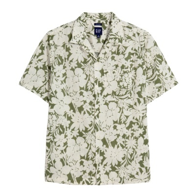 Camisola de manga curta com padrão floral branco e verde oliva