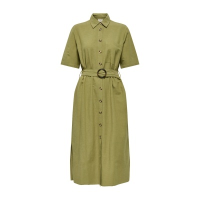 Vestido verde com botões e cinto com fivela redonda