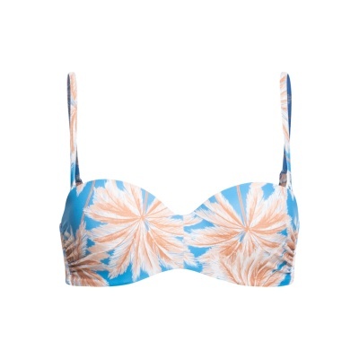 Top de biquíni azul com estampado de folhas cor de salmão