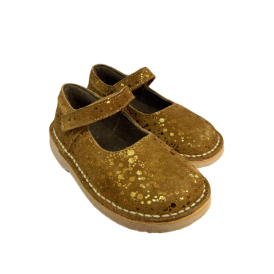 Sapatos infantis Mary Jane camurça castanha com brilho dourado e velcro