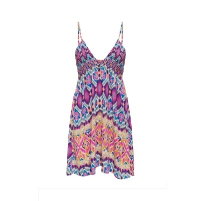 Vestido feminino com padrão geométrico colorido e alças finas