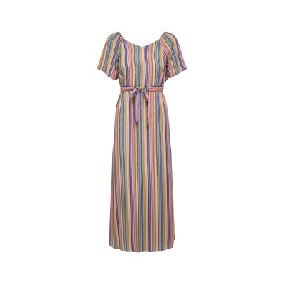 Vestido comprido listrado com mangas bufantes e cinto.