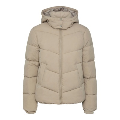 Casaco acolchoado bege com capuz e fecho de correr