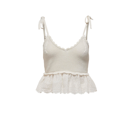 Top feminino branco com folho rendado e alças ajustáveis