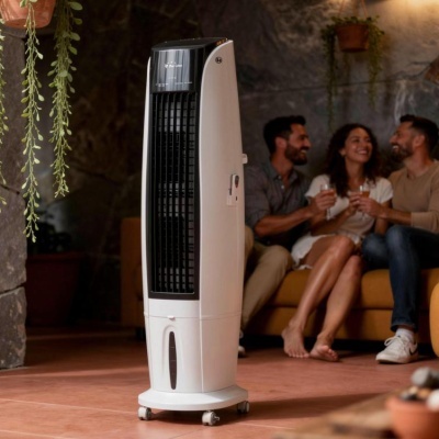 Ventilador torre branco com grelha preta e texto Pur Line em ambiente interior com pessoas no sofá