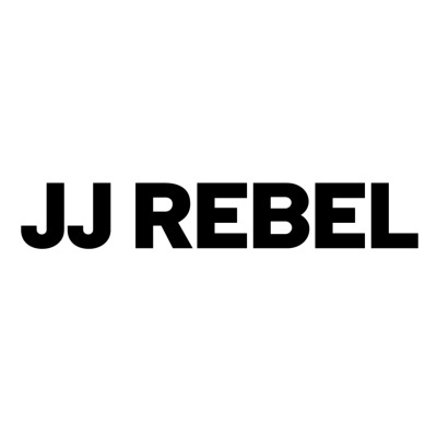 Texto preto JJ REBEL em fundo branco