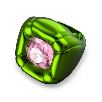 Anel verde metálico com pedra rosa