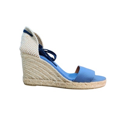 Sandália de cunha azul com salto em corda trançada e tiras em tecido azul