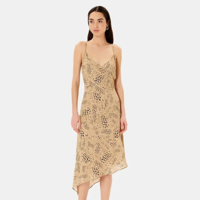 Vestido midi bege com estampa animal print preto e alças finas