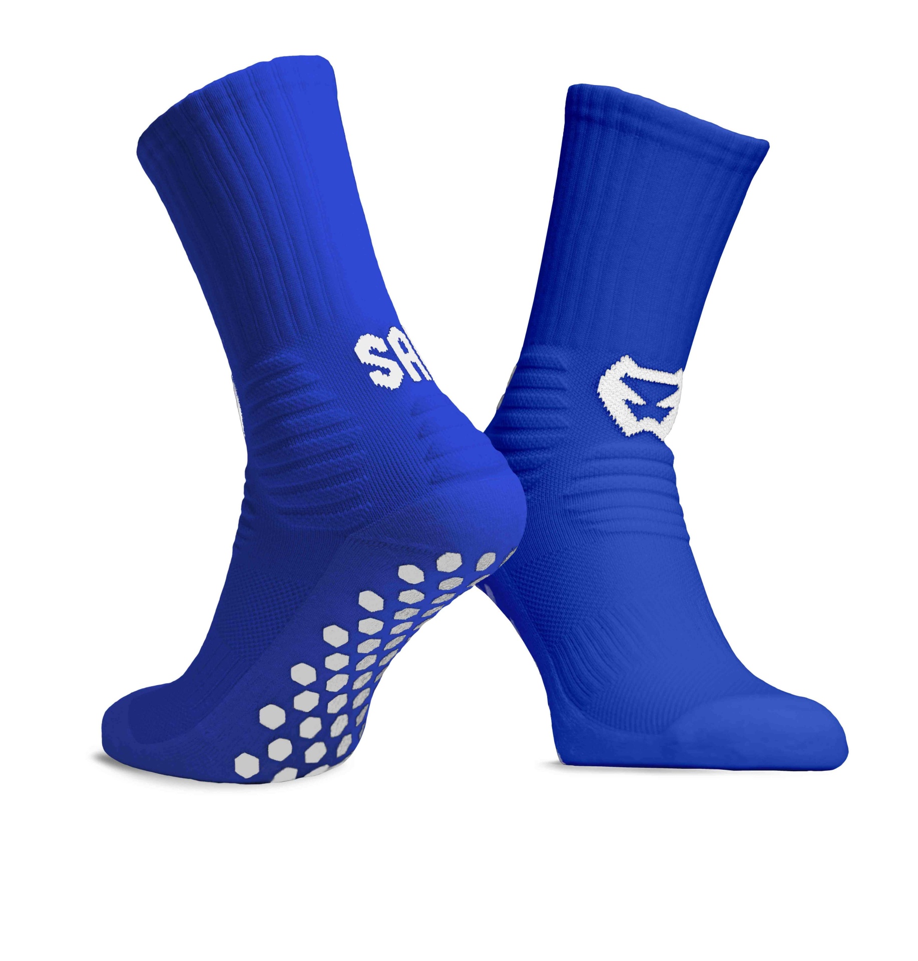 Meias desportivas azuis com solado antiderrapante e logótipos brancos