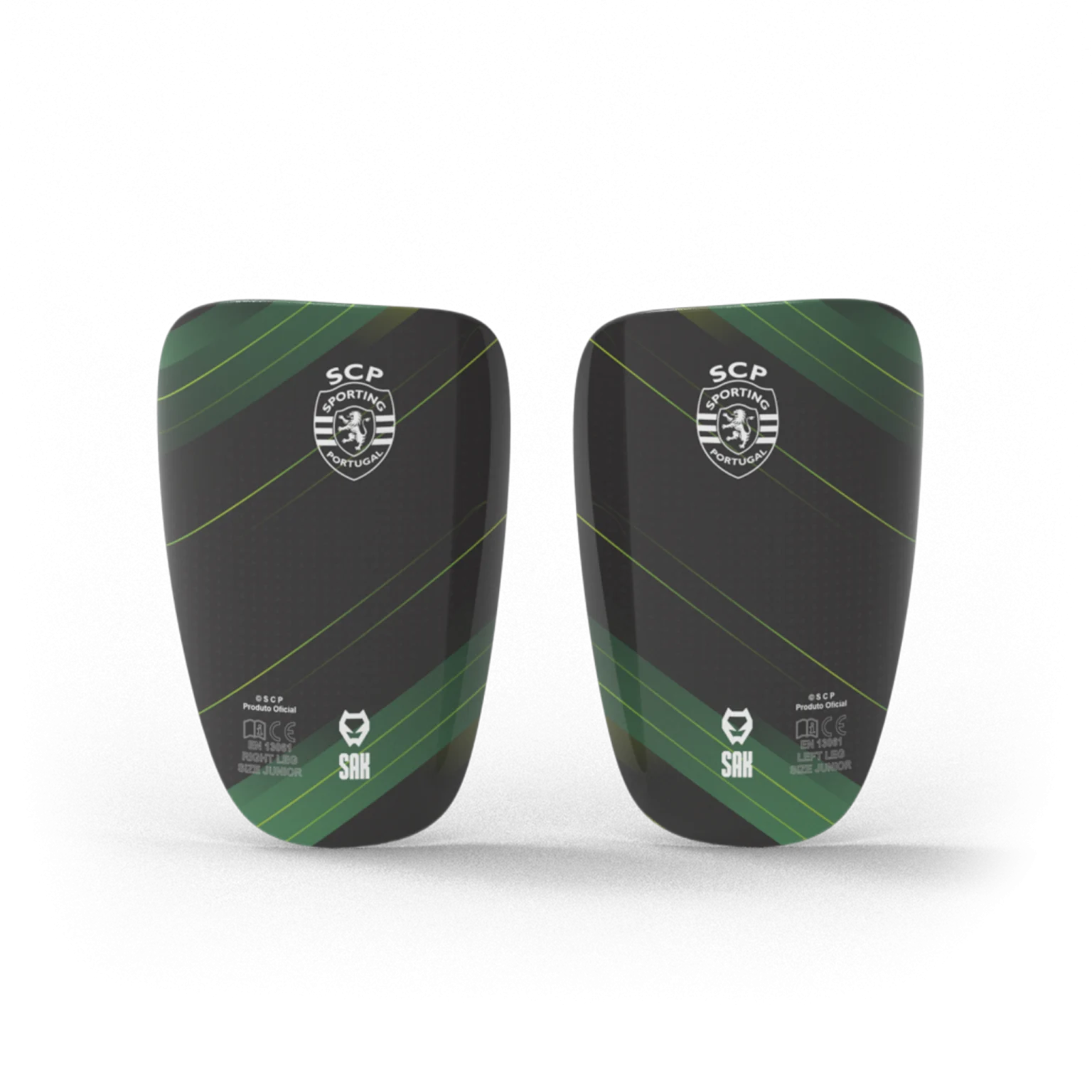 Caneleiras pretas com emblema SCP e detalhes verdes e amarelos