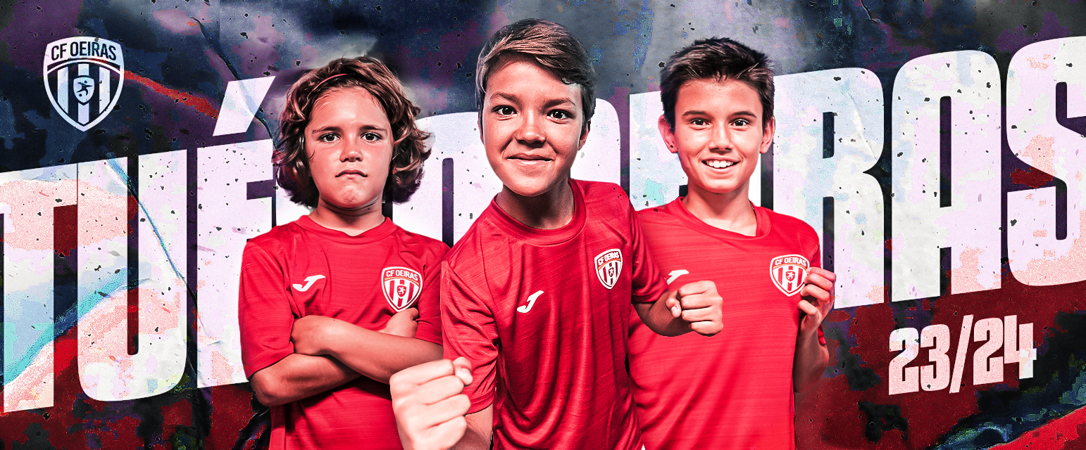 Três rapazes com camisolas vermelhas de futebol e fundo com texto TURNOIRAS 23/24