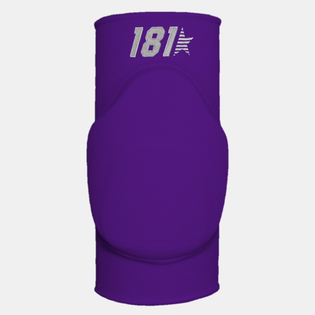 Protetor ou joelheira elástico roxo com almofada frontal e texto 181 branco com estrela
