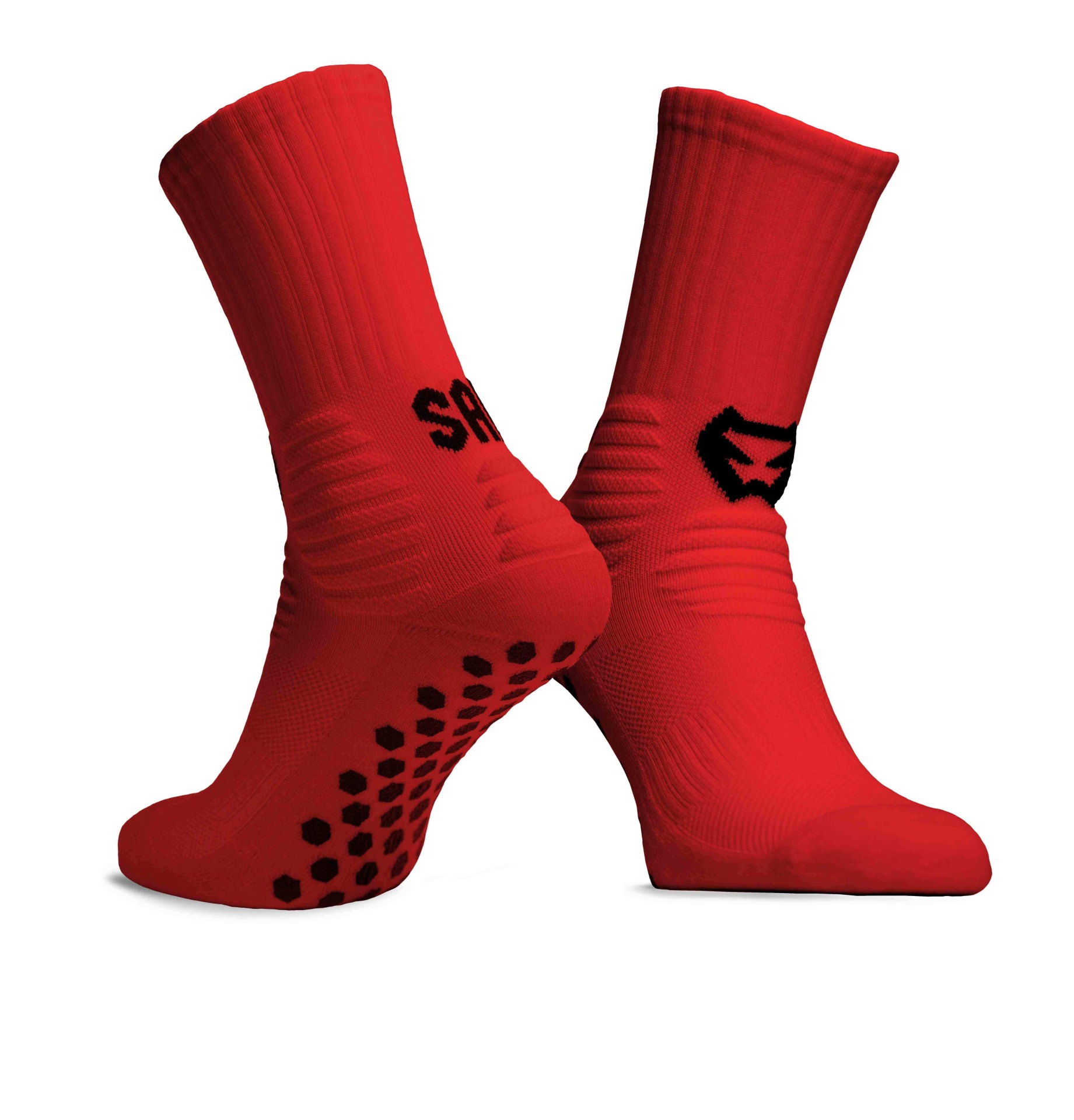 Meias desportivas vermelhas com logotipos pretos e sola antiderrapante.