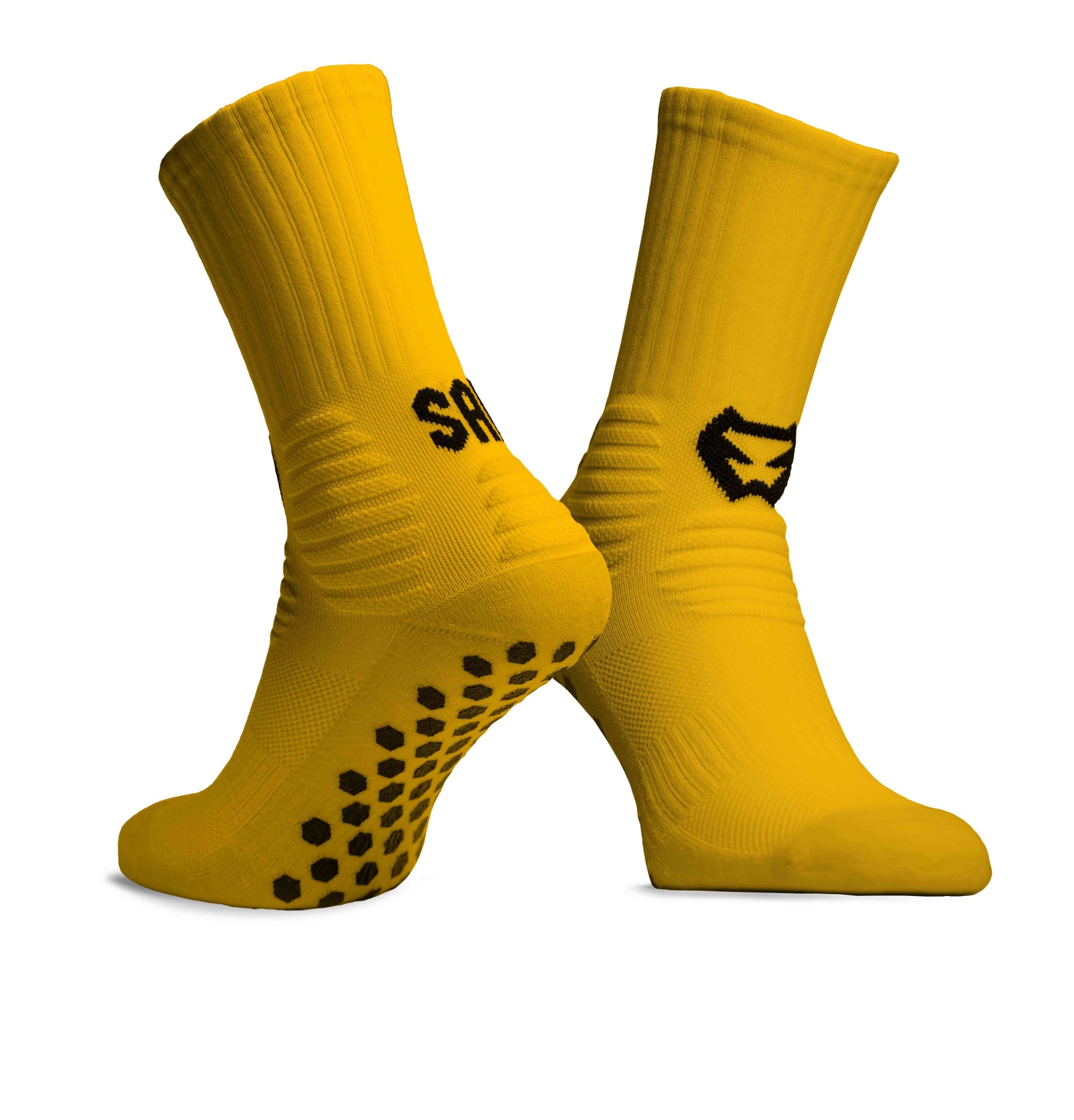 Meias amarelas com pontos antiderrapantes e detalhes pretos