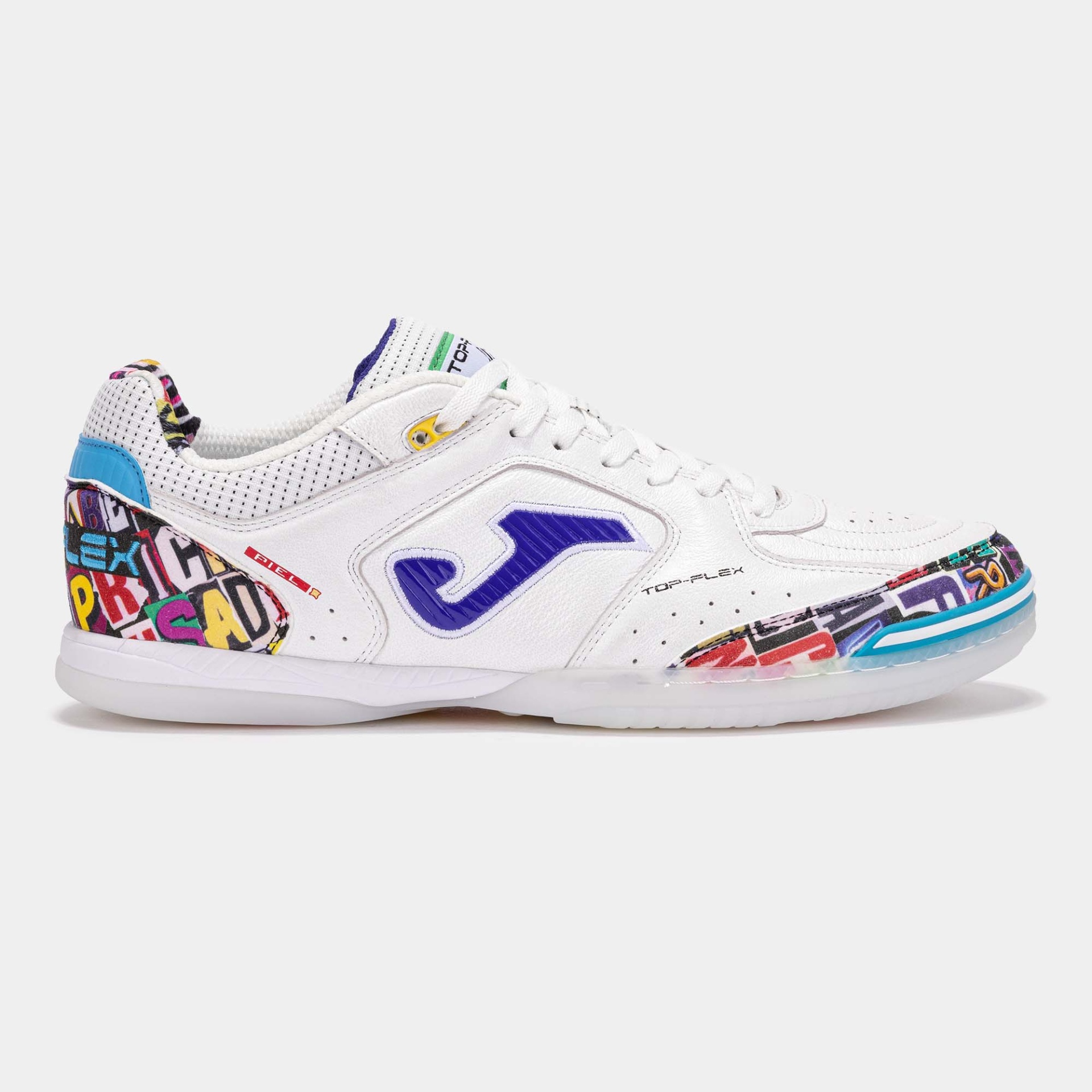 Ténis desportivo branco com estampados coloridos e logo azul.