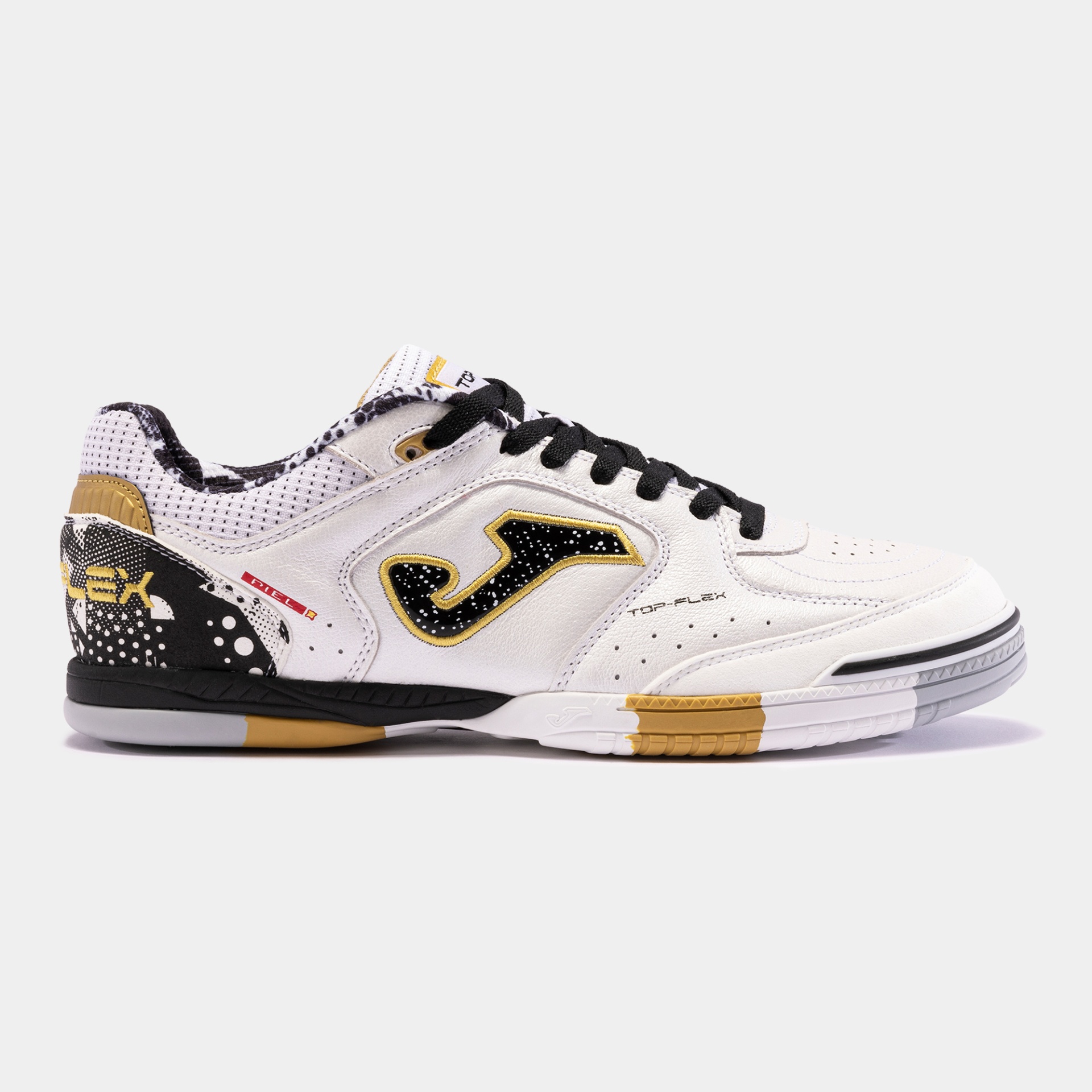 Ténis desportivos brancos, pretos e dourados com logo J e texto REBOUND e TOP FLEX
