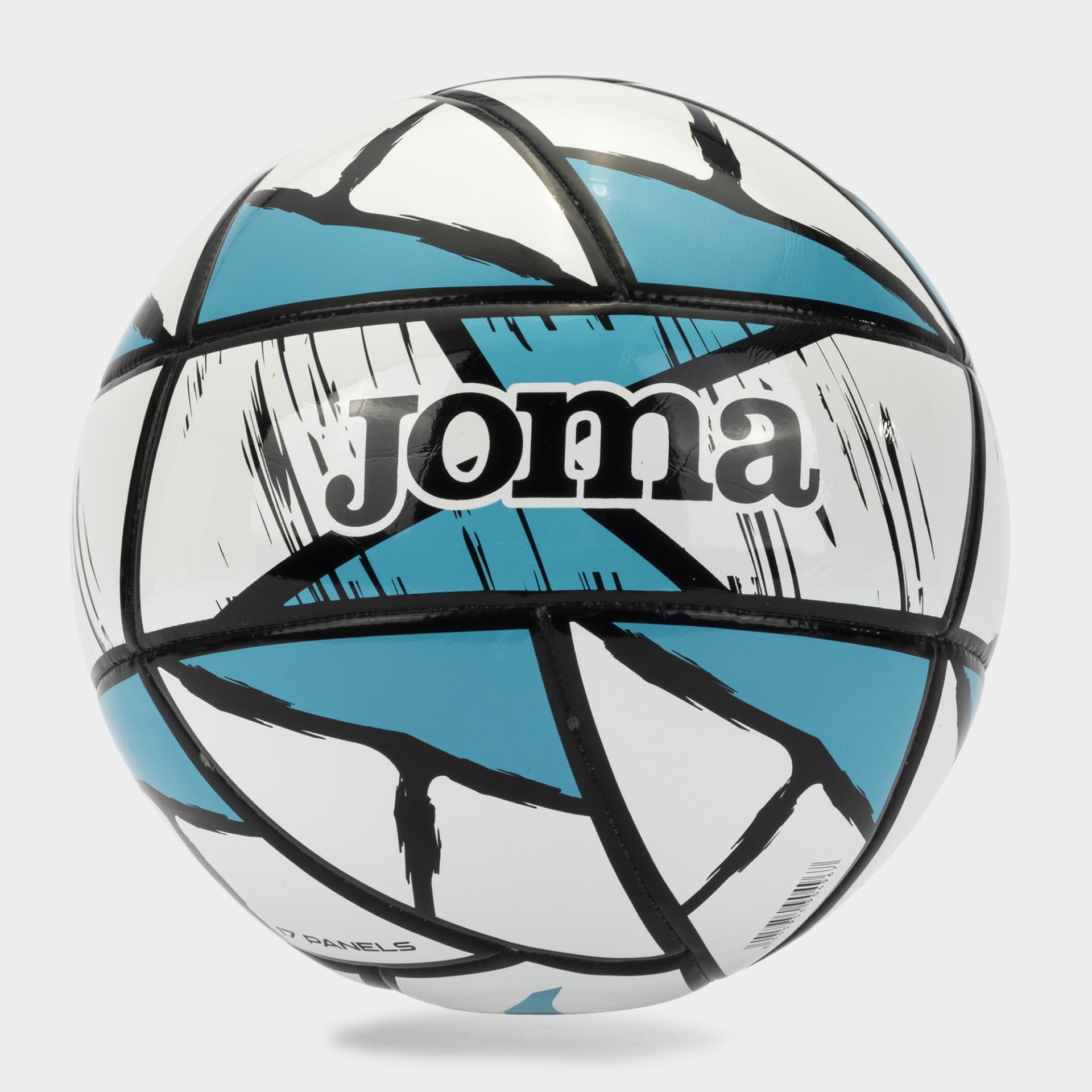Bola de futebol Joma branca azul e preta com padrão geométrico