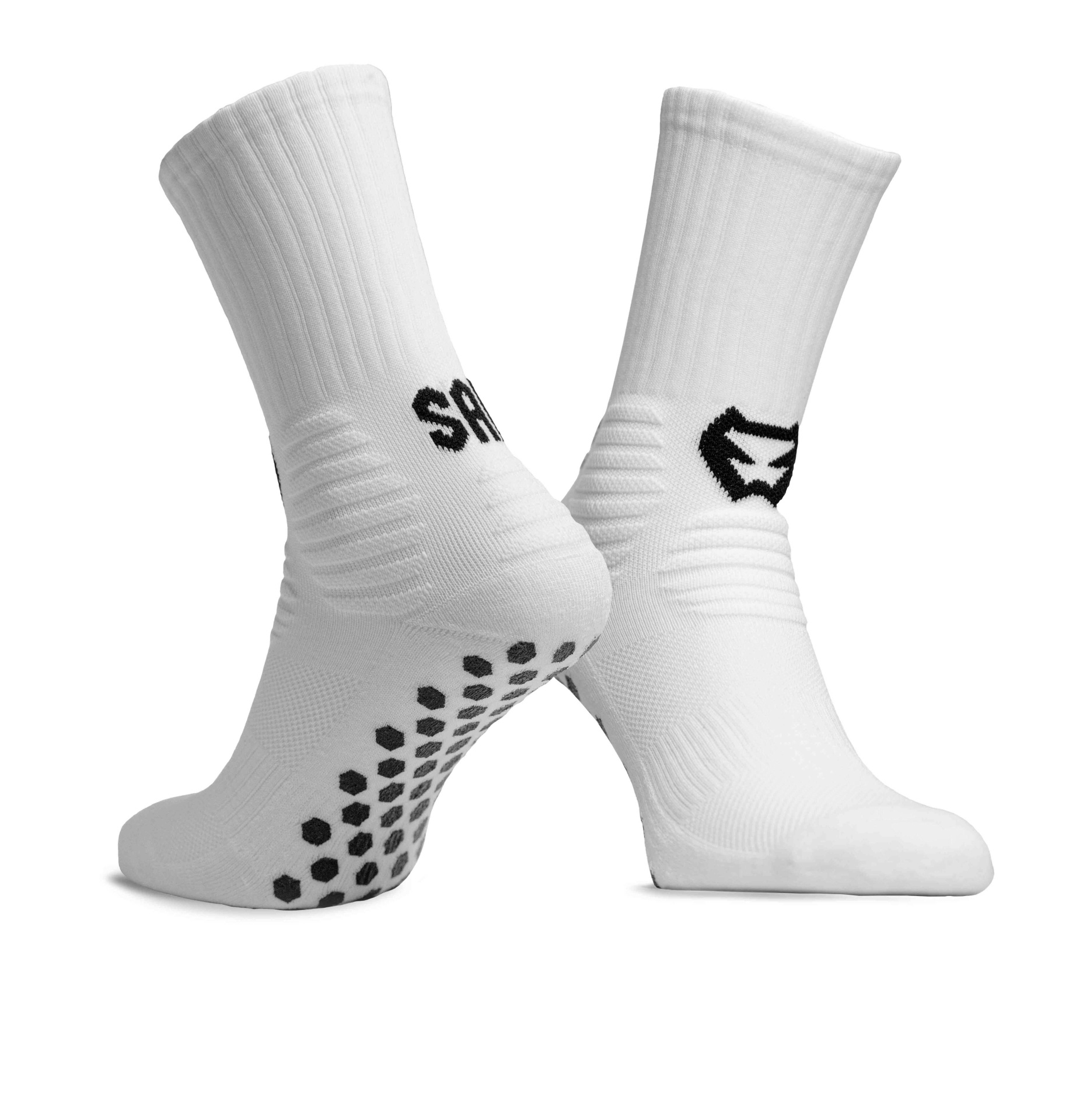 Meias brancas com sola antiderrapante e logótipos pretos