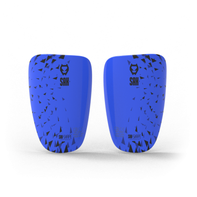 Caneleiras azuis com padrão geométrico preto e logotipo SIN