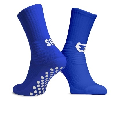 Meias desportivas azuis com solado antiderrapante e logótipos brancos