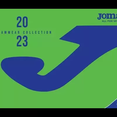 Logótipo Joma ALL FOR SPORT e texto 2023 TEAMWEAR COLLECTION em fundo verde e azul