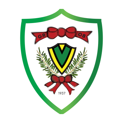 Escudo com letras, ramos verdes e laços vermelhos