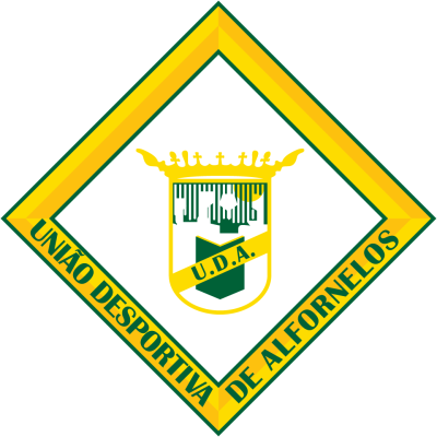 Emblema da União Desportiva de Alfornelos em formato diamante branco com borda verde e amarela