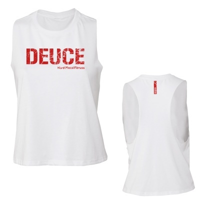 Camisola branca sem mangas com texto vermelho e corte largo nas axilas