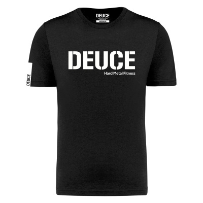Camiseta preta com texto branco DEUCE Hard Metal Fitness