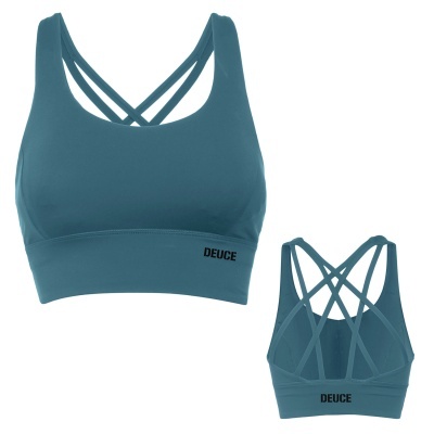 Top desportivo azul esverdeado com alças cruzadas e texto DEUCE