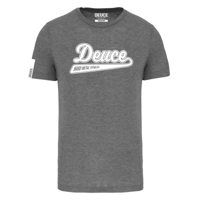 T-shirt cinzenta com estampado branco e texto Deuce HARD METAL FITNESS