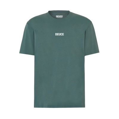 T-shirt verde escuro com texto DEUCE impresso em branco